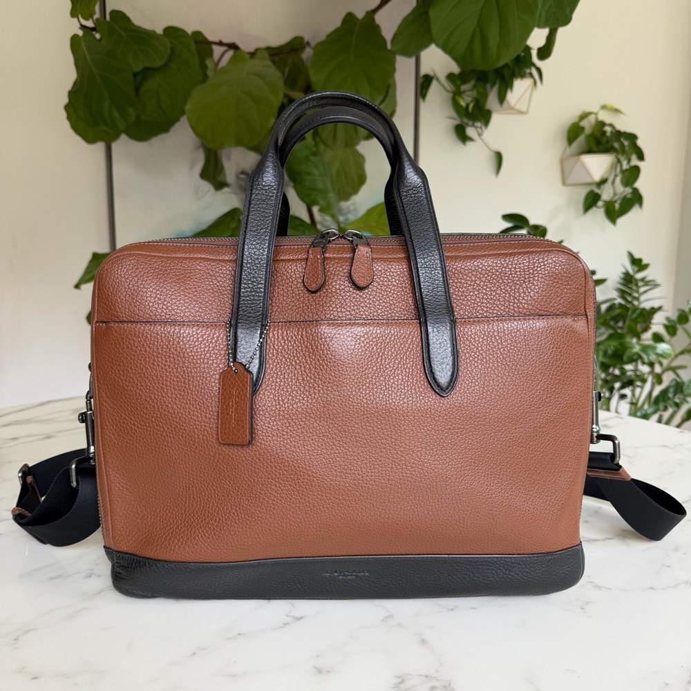 COACH Hamilton Day Brief F27617 Black Saddle Tan Leather Laptop Messenger Bag